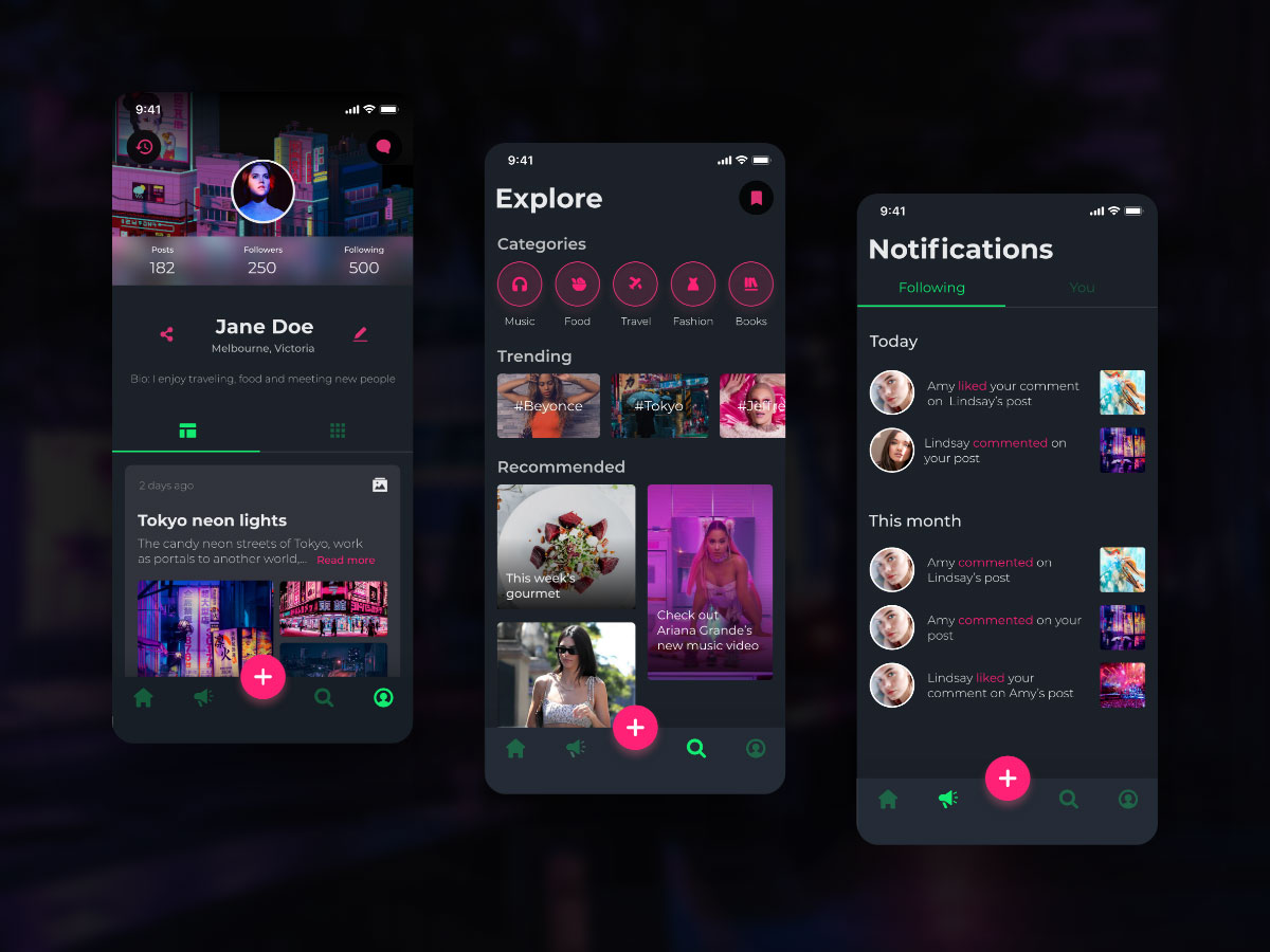 深色主题社交app ui .xd素材