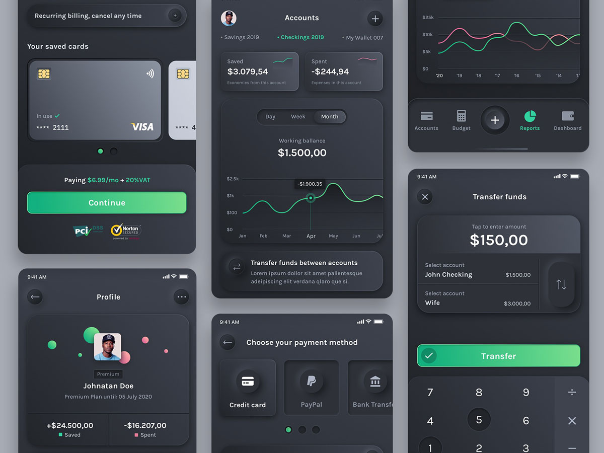 成套深色Neumorphic风格金融app .fig .xd .sketch 素材