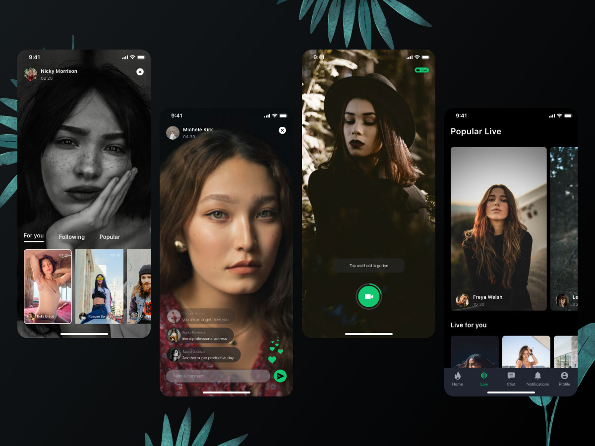 深色主题社交直播app ui设计 .xd素材