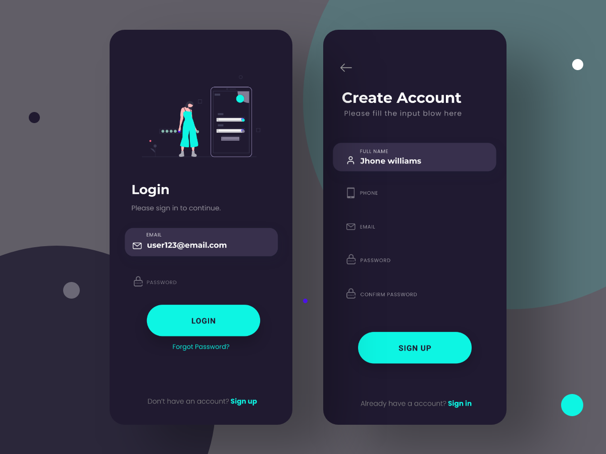 深色主题登录注册app ui设计 .xd素材