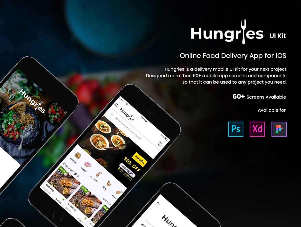 Hungries成套美食外卖app ui设计 .fig .xd .psd素材下载