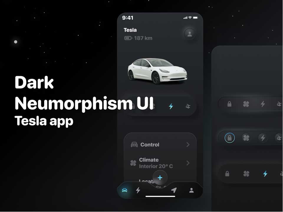 新拟物风格Tesla 汽车控制app ui设计 .fig素材下载