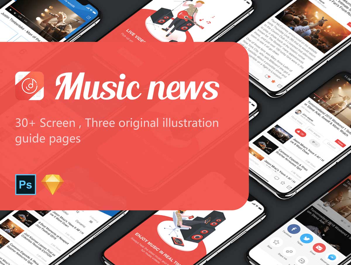 Music News成套音乐app ui设计 .sketch .psd素材下载