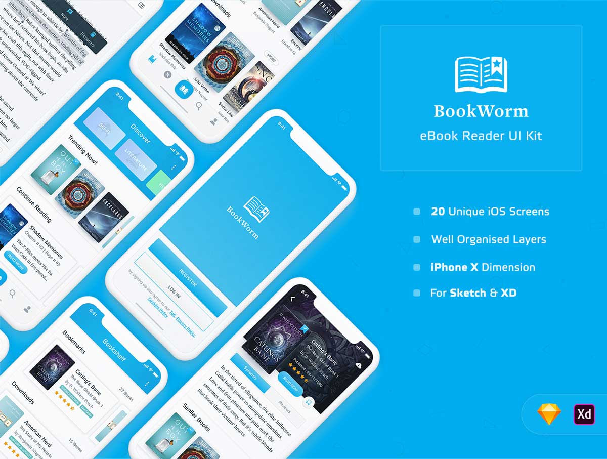 BookWorm电子书app ui设计 .xd .sketch素材