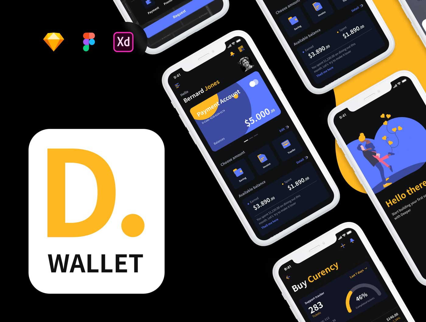 Deeper Wallet 深色金融银行app ui设计 .fig .xd .sketch素材