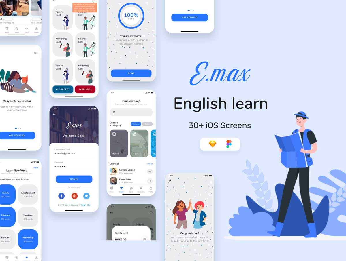 Emax英语学习app ui设计 .fig .sketch素材