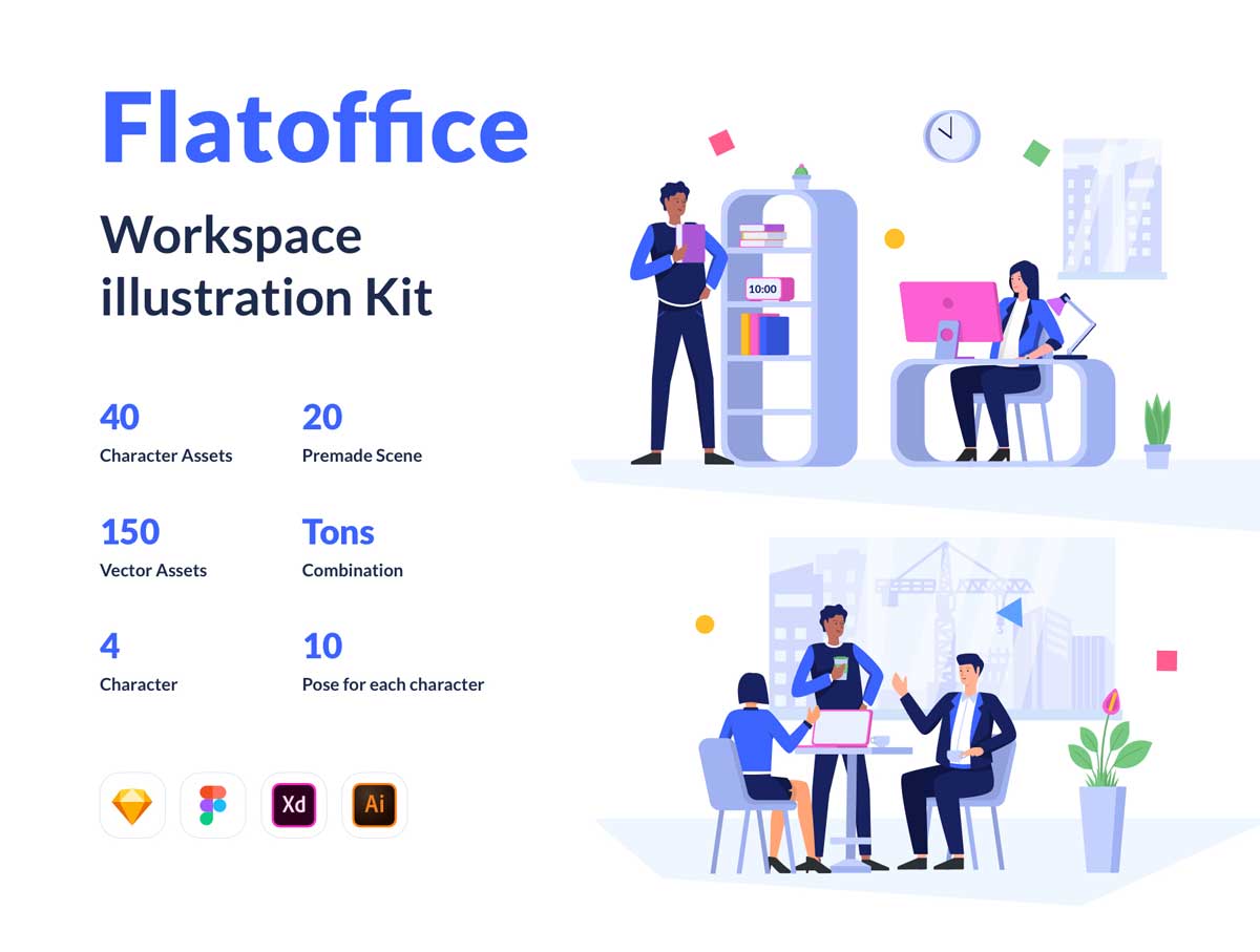 Flatoffice 2D 插图套件 .fig .xd .sketch .ai素材