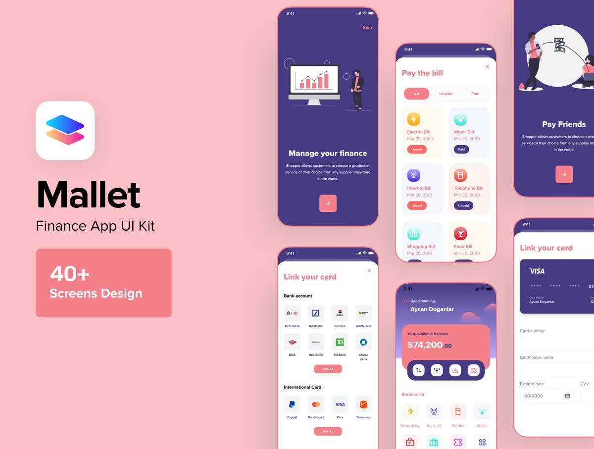 Mallet成套金融支付app ui设计 .fig .xd .sketch素材