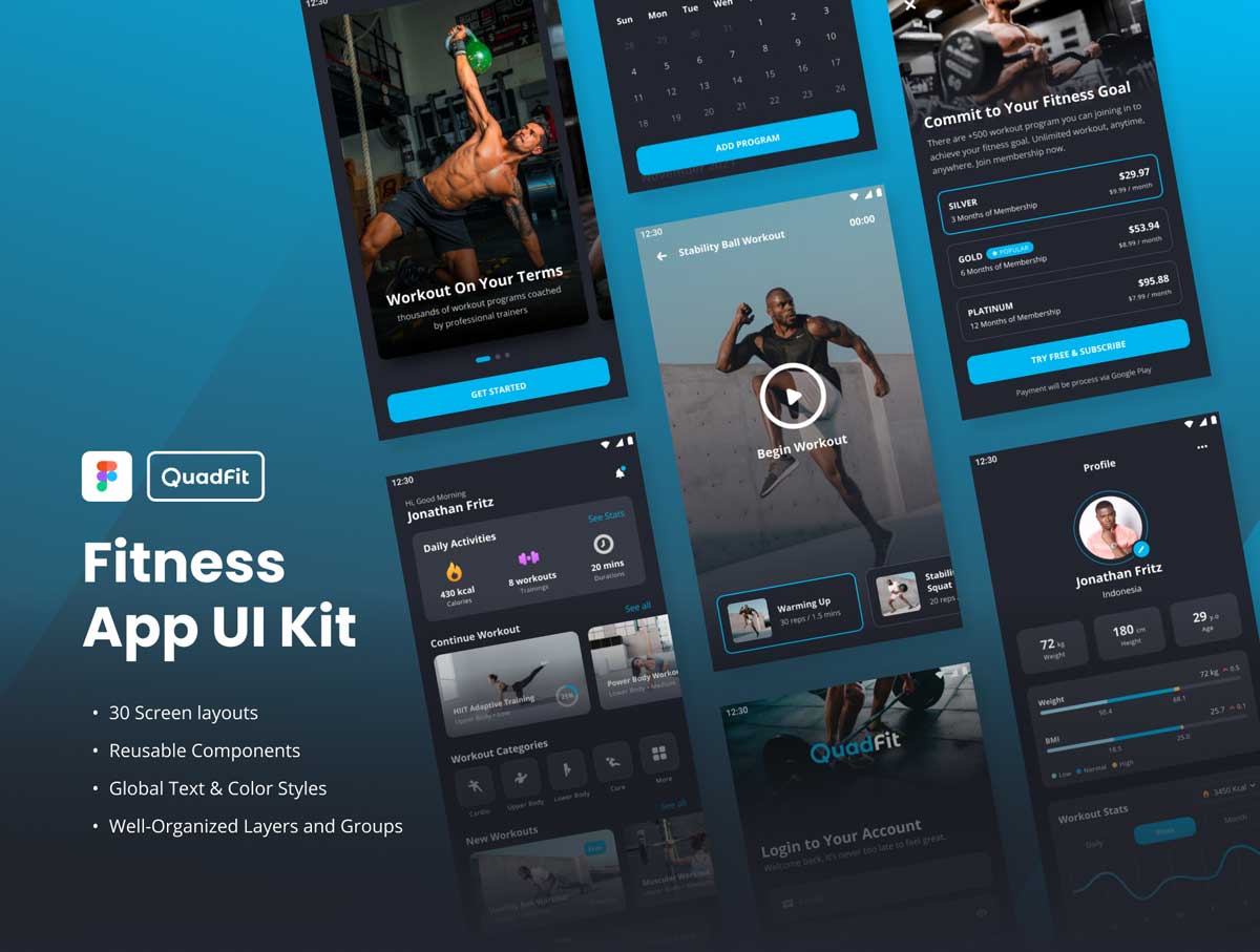 QuadFit 成套健身app ui设计 fig素材下载