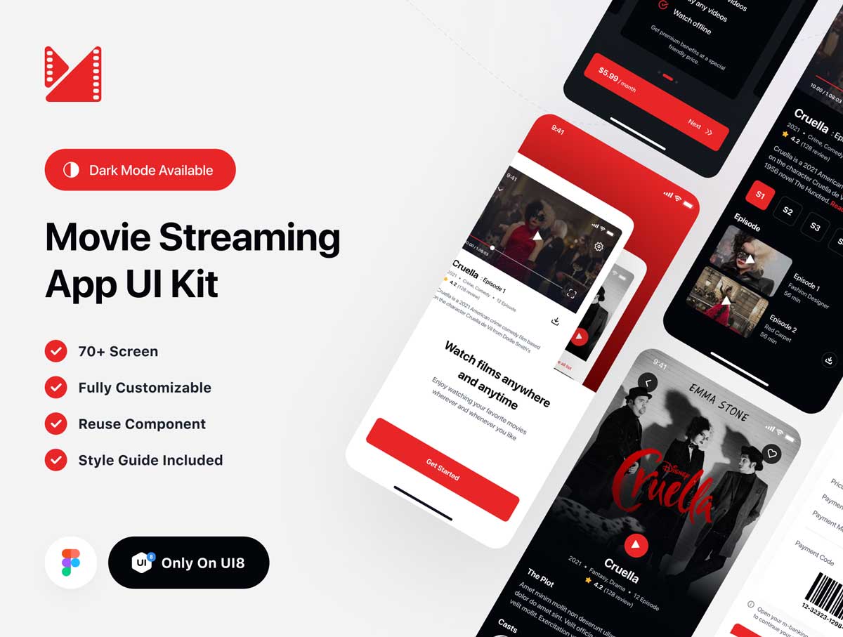 Watchme – 电影流媒体app ui设计素材 .fig素材件