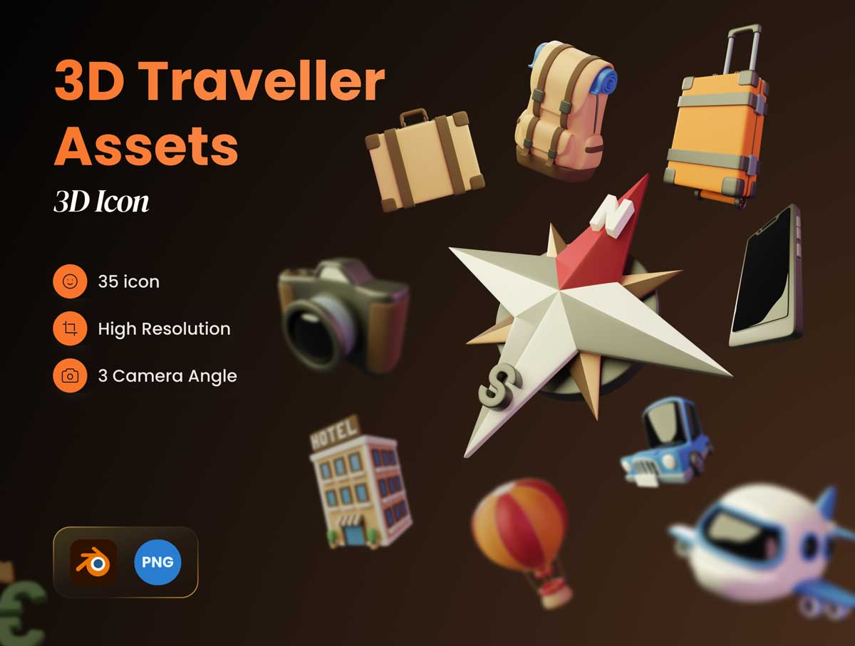 3D Traveller Assets 旅游旅行类3D图标资源 .blend源文件下载