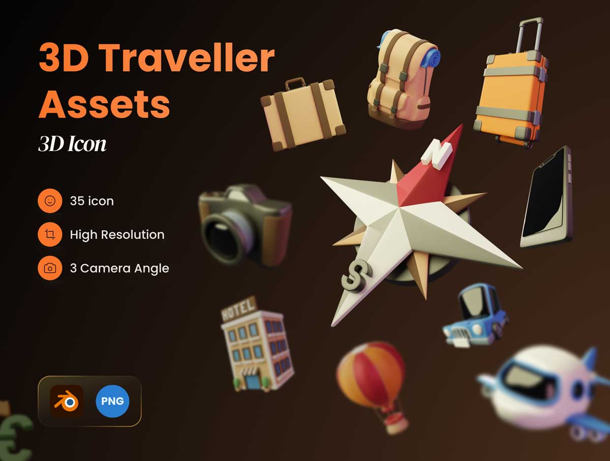 3D Traveller Assets 旅游旅行类3D图标资源 .blend源文件