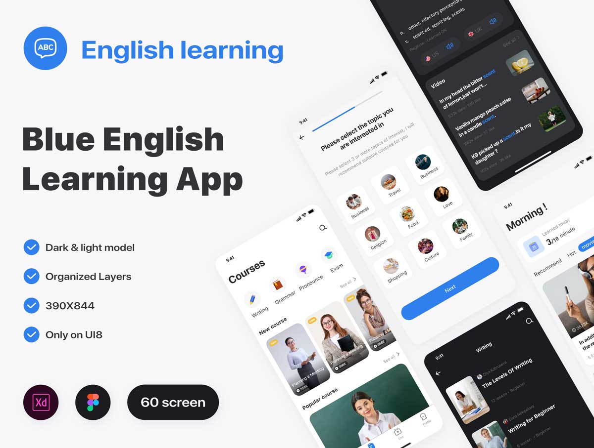 成套英语学习app ui设计 .fig .xd素材下载