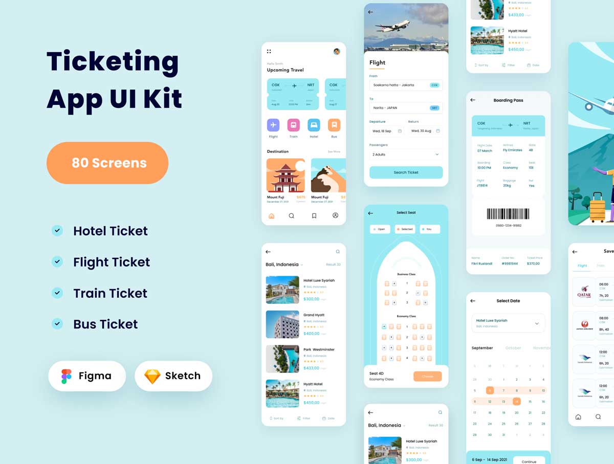 Booking Ticketing机票、酒店预订app ui设计 .fig .sketch素材下载