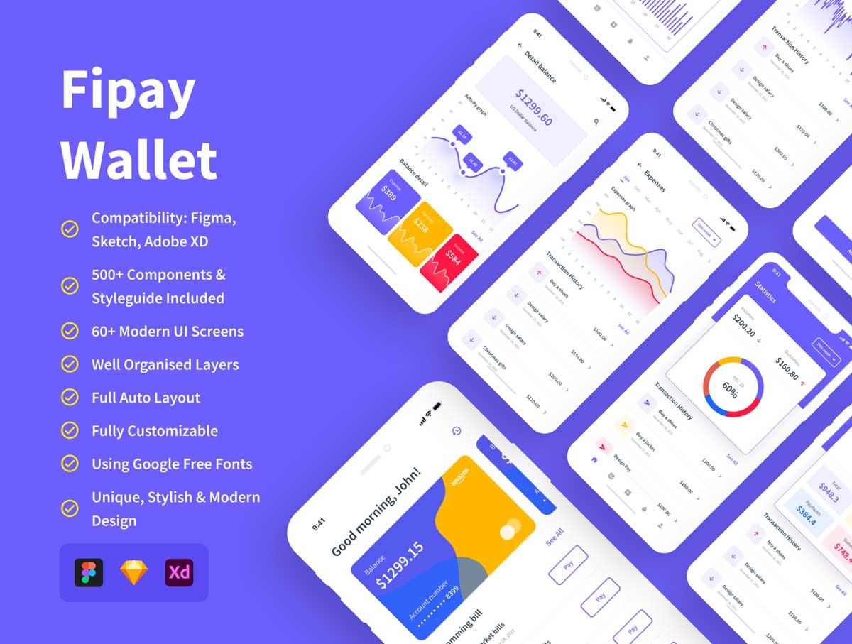 Fipay Wallet 成套金融钱包app ui设计 .fig .xd .sketch素材