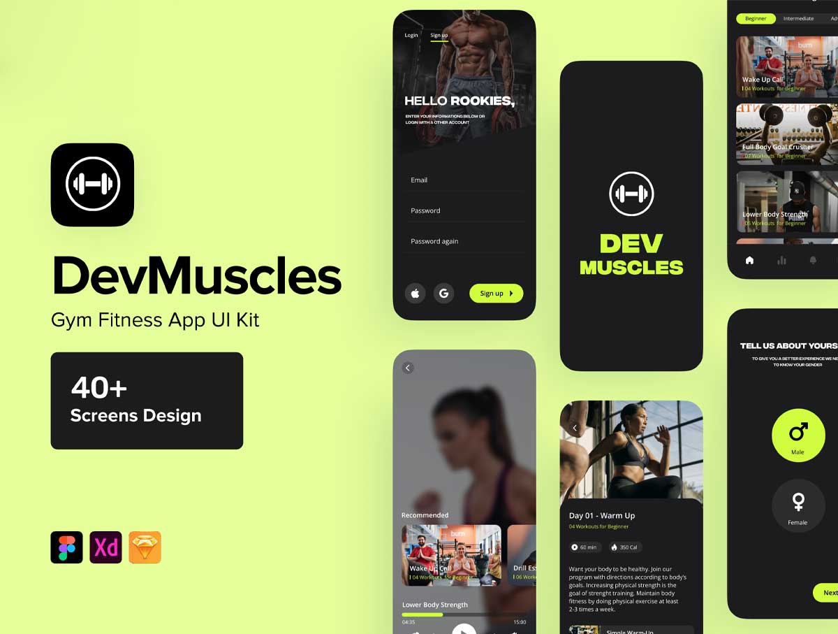 Dev Muscles成套健身app ui设计 .fig .xd .sketch素材下载