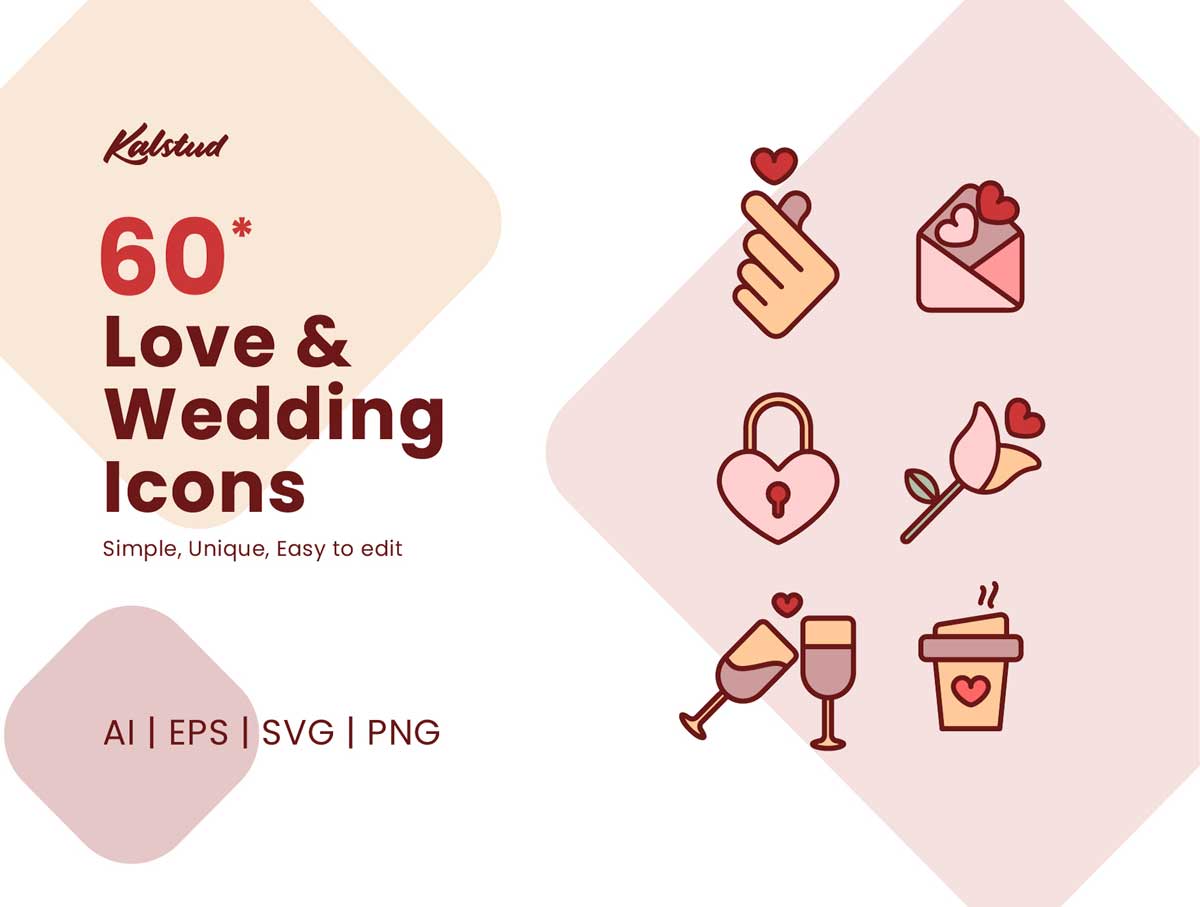 60个爱情和婚礼图标设计 .ai .svg素材下载