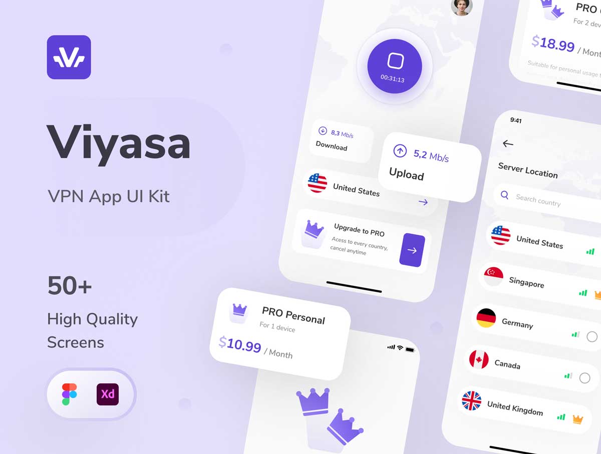 Viyasa虚拟专用网络VPN app ui设计 .fig .xd素材