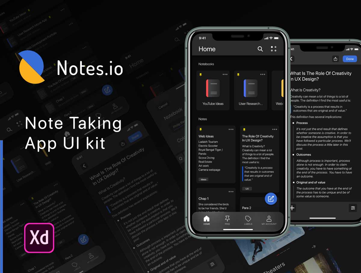 Notes.io 记事本、便签app ui设计 .xd素材下载