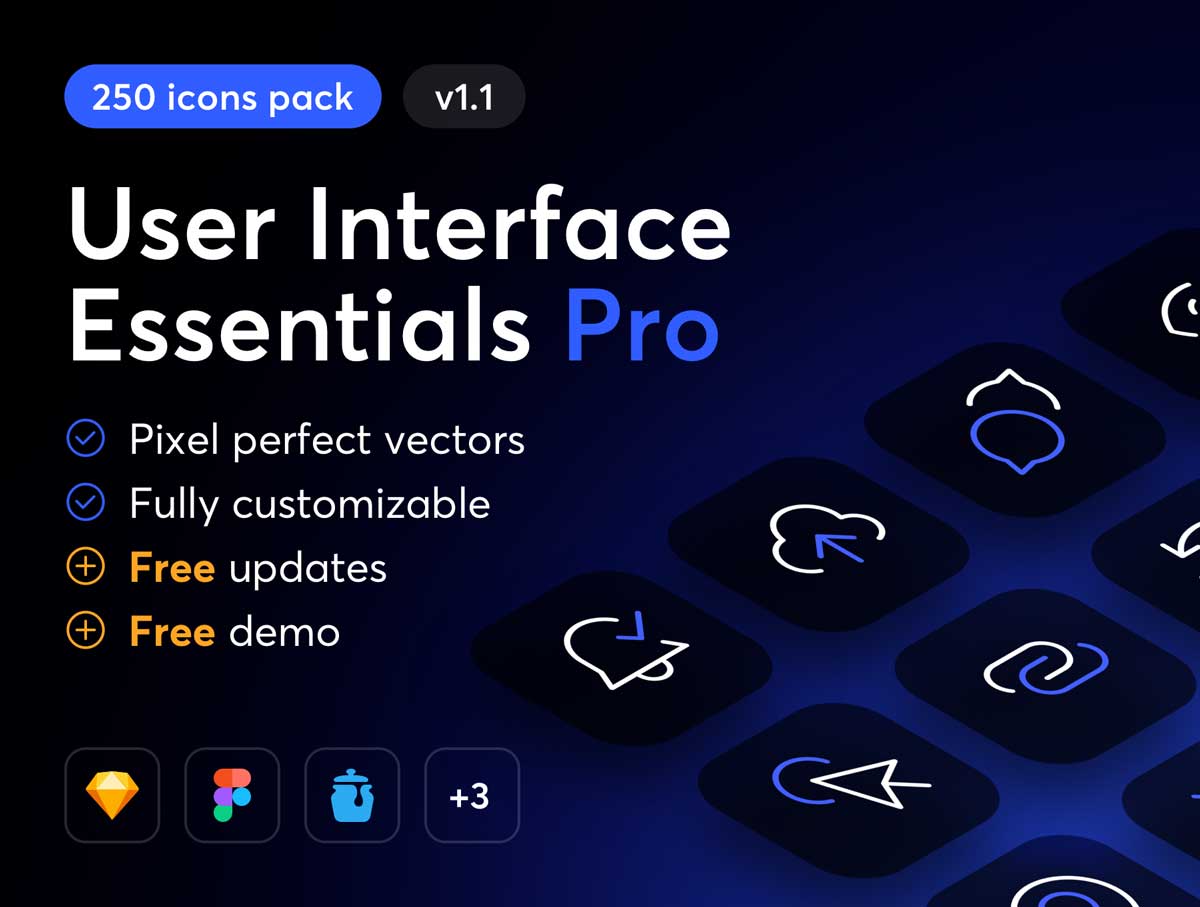 UI Essentials Pro – 250个矢量图标设计 .ai .sketch .svg 素材