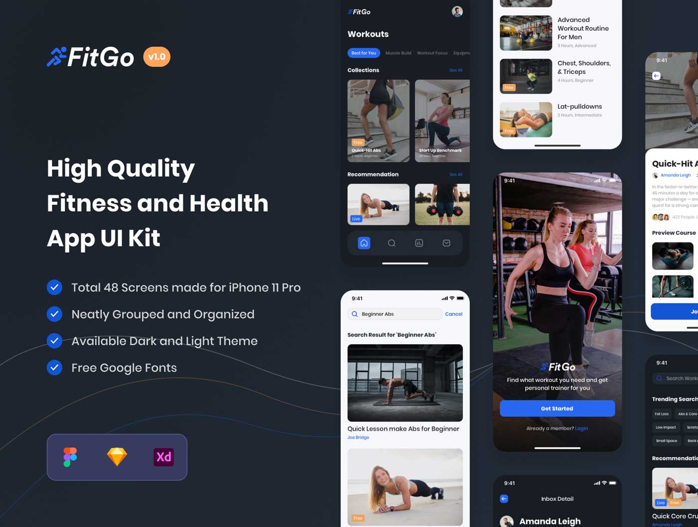 FitGo-健身和健康app用户界面设计模板 .fig .xd .sketch素材