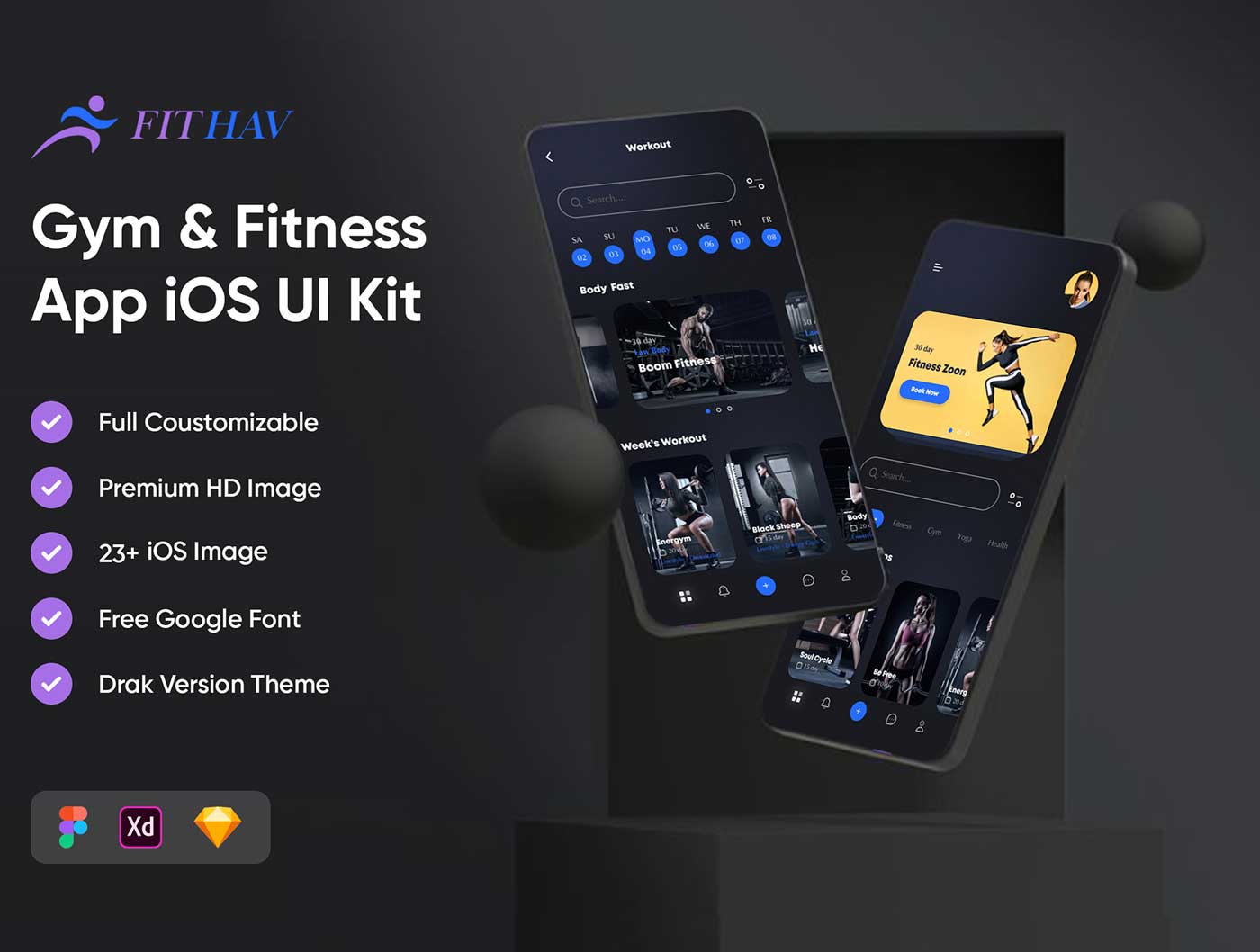 FITHAV健身app ui设计资源 .fig .xd .sketch素材