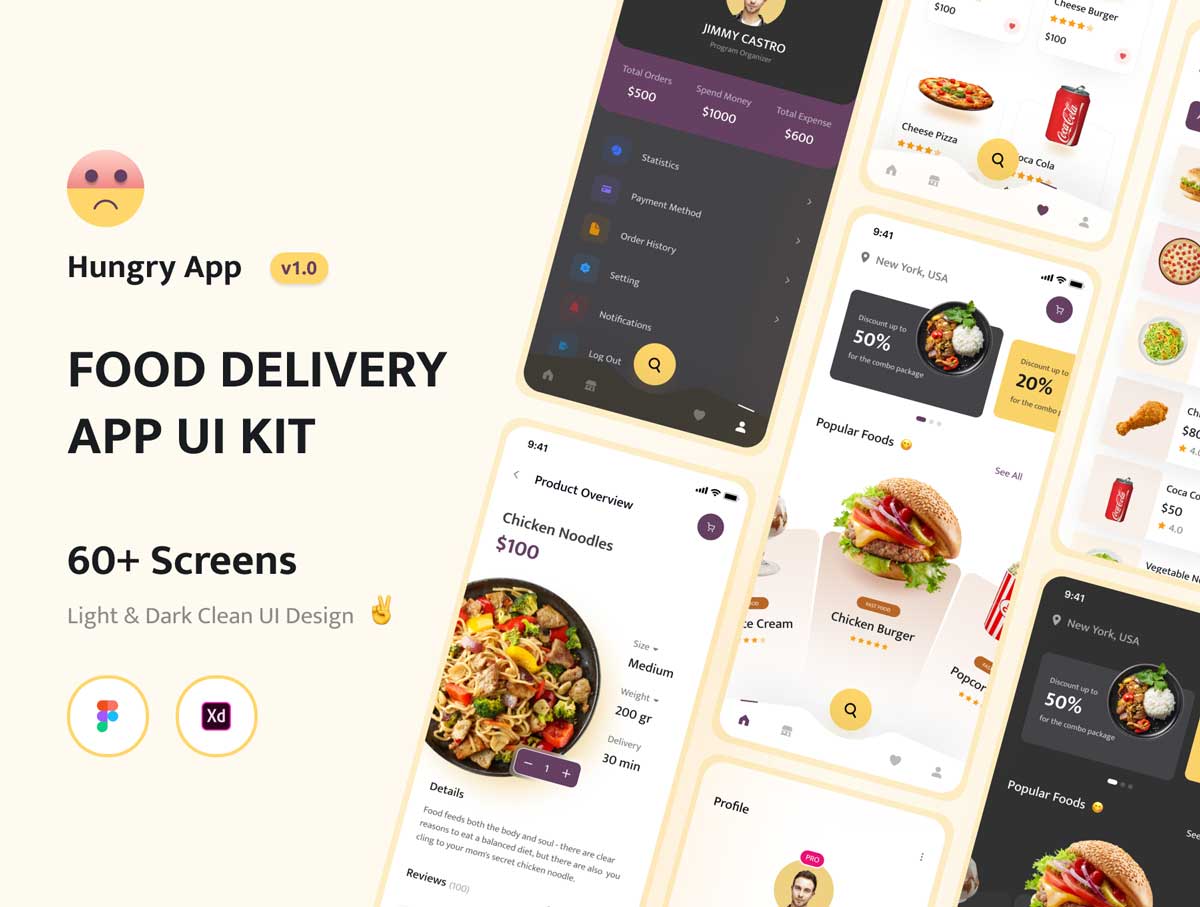 Hungry-Food明暗两种风格美食外卖app ui设计 .fig .xd素材
