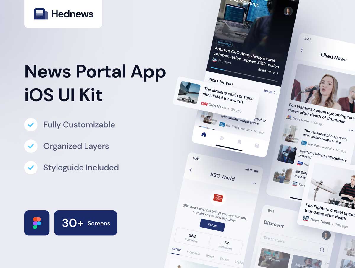 Hednews-新闻应用程序用户界面设计 Figma素材