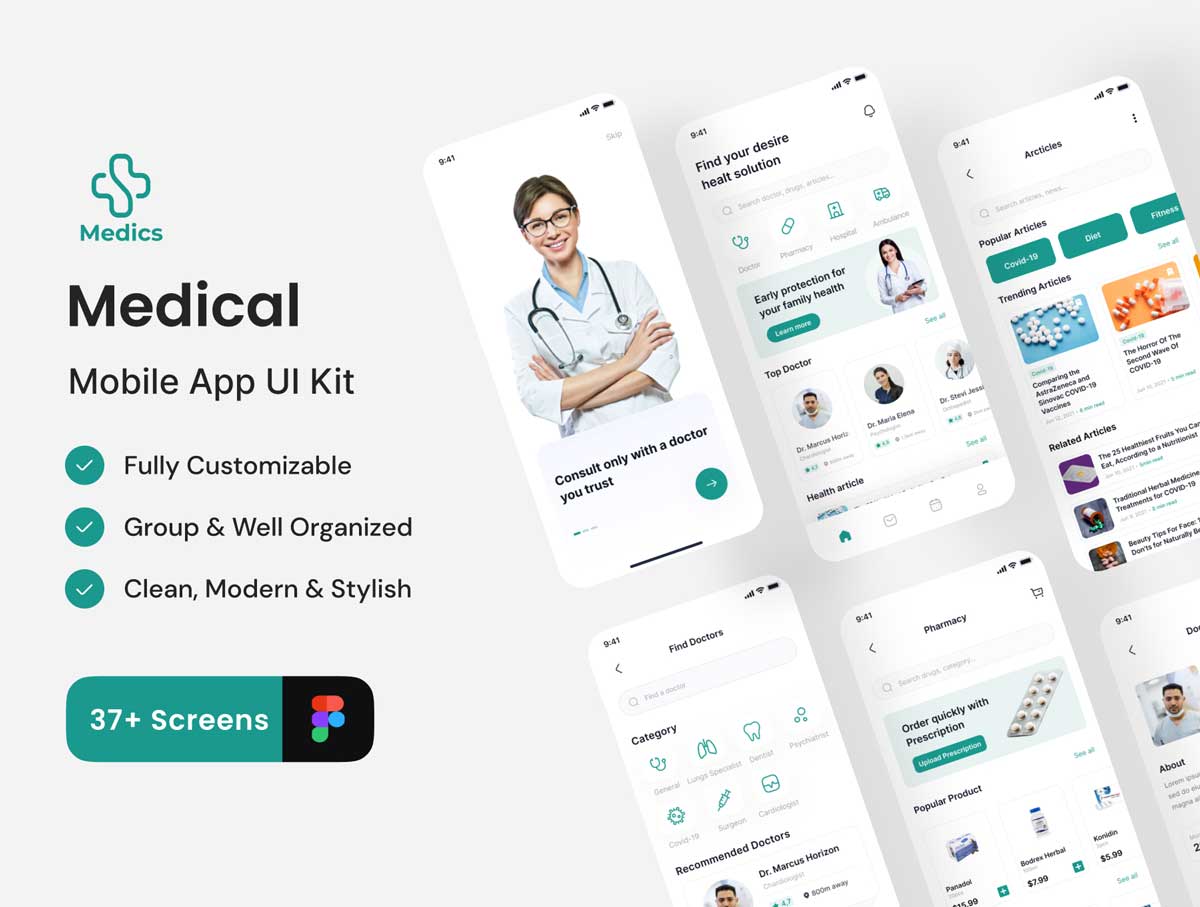 Medics在线医疗app用户界面设计Figma素材