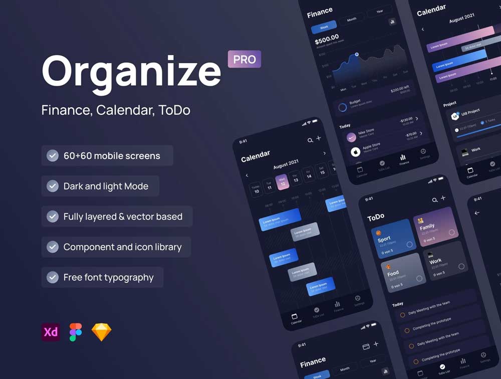 Organize Pro–成套财务管理、任务管理、日历app设计用户界面Figma、xd、sketch素材