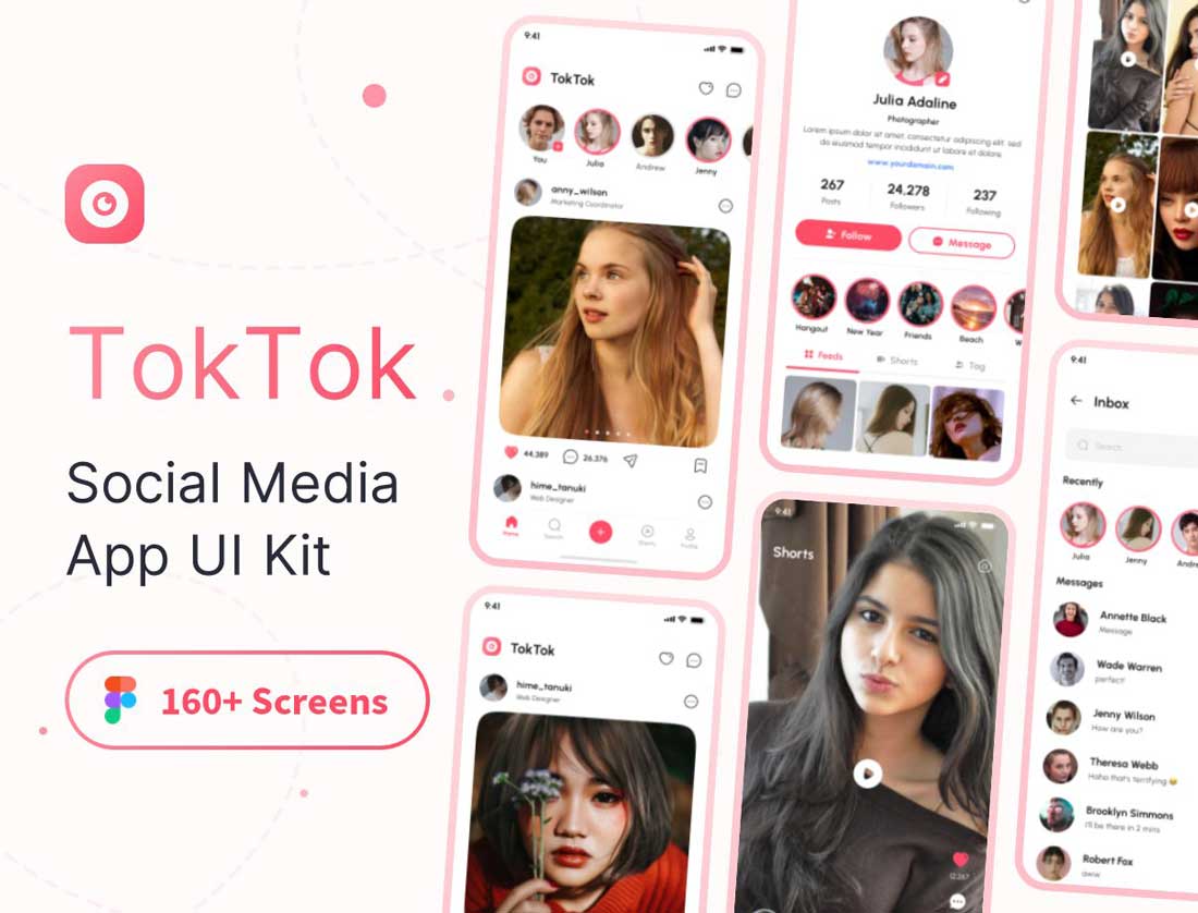 TokTok成套社交聊天、直播短视频app用户界面设计Figma素材