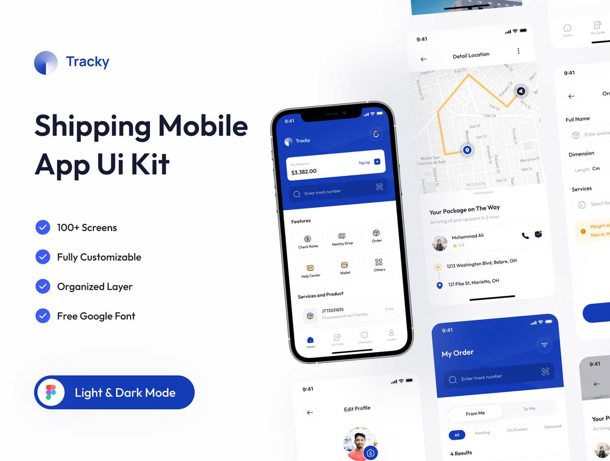 Tracky成套运输配送app用户界面设计Figma素材
