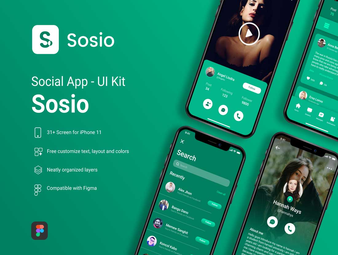 Sosio移动社交应用程序用户界面设计Figma素材