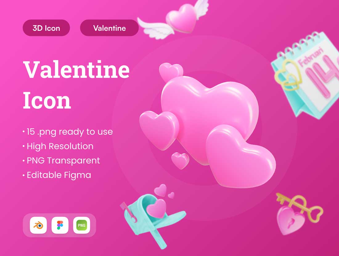 Valentine情人节3D插画设计Figma、blender素材