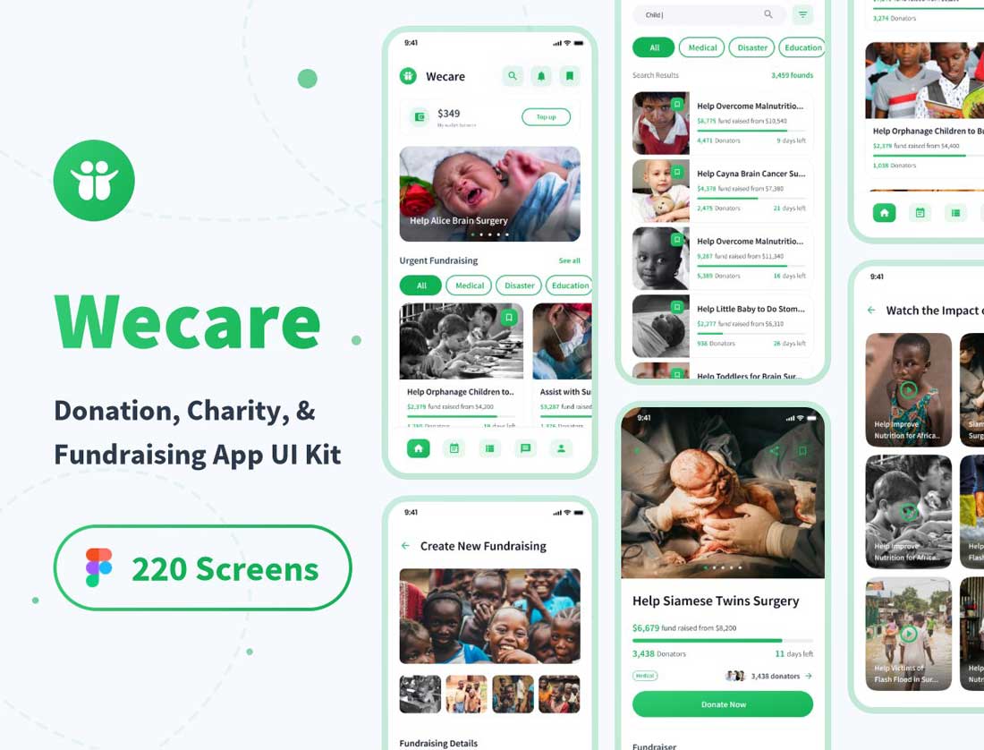 Wecare-成套捐赠、慈善机构、筹款应用程序用户界面设计Figma素材