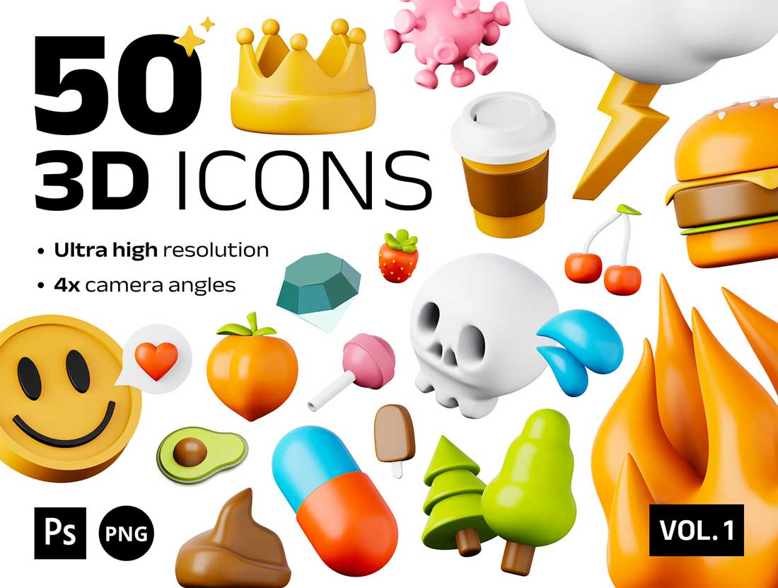 50个独特的3D图标素材png文件
