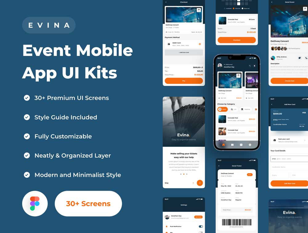 Evina-活动、门票预订app用户界面UI套件Figma素材