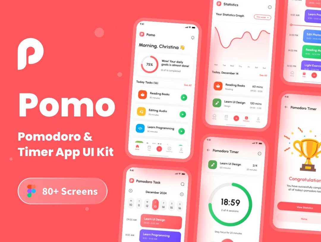 Pomo番茄闹钟计时器时间管理app界面设计Figma素材