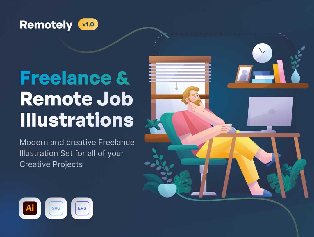 Remotely自由职业者和远程办公插画素材