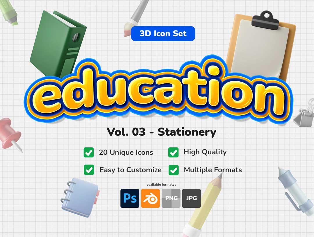 3D Icon Set教育文具3D图标设计素材