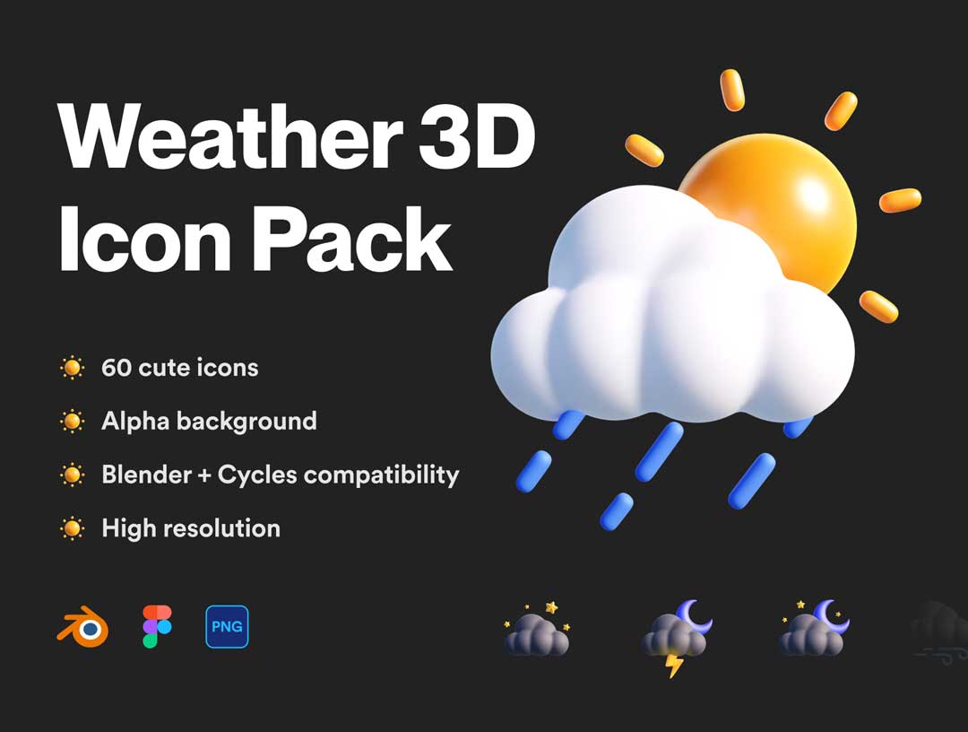 60个3D天气图标设计素材fig、blender源文件